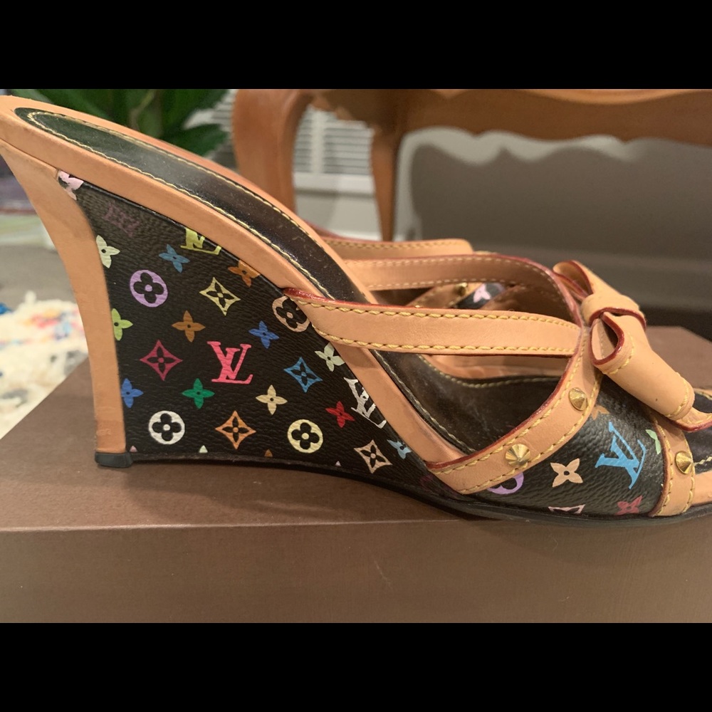 Louis Vuitton Black Multicolor Wedge w Leather S37 - Picture 6 of 7
